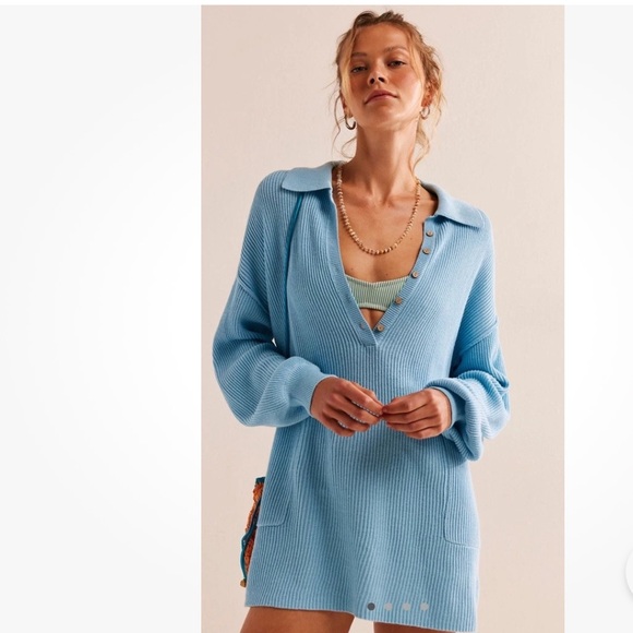 FREE PEOPLE BEACH RIBBED PICNIC SWEATER MINI DRESS  BLUE - Picture 1 of 16